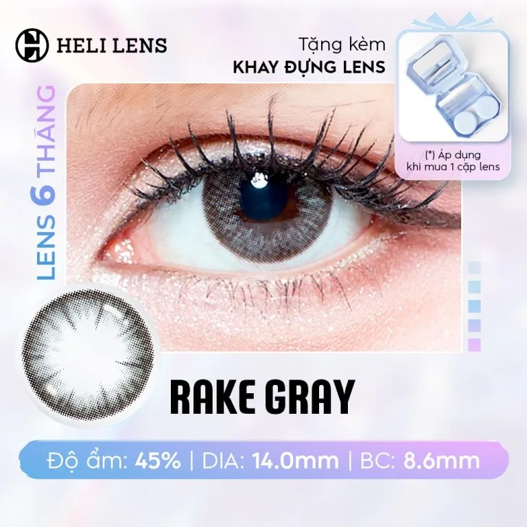[1 CHIẾC] Kính Áp Tròng Heli 6 Tháng Màu Rake Gray 0 - 8 Độ Cận BST 12 Màu Trendy Hạn Chế UV